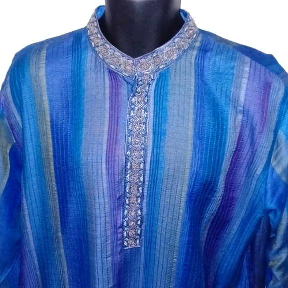 REGAL Blue, Purple and Gold Striped Kurta, 44 - Picture 7 of 8